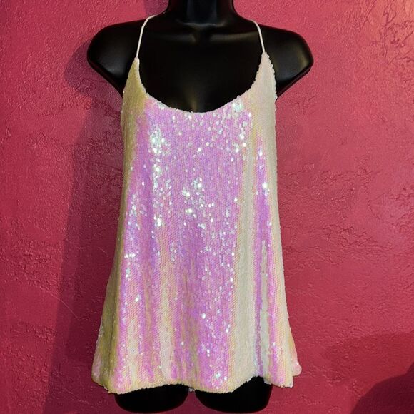 Anna Kaci sparkling sequined white/ pink racerback party, event tank. Size XXL - Picture 5 of 14